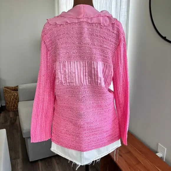 Y2K Vintage WD.NY Women’s Pink Top Textured Mesh Ruffle Blouse Top Size M - Picture 3 of 8